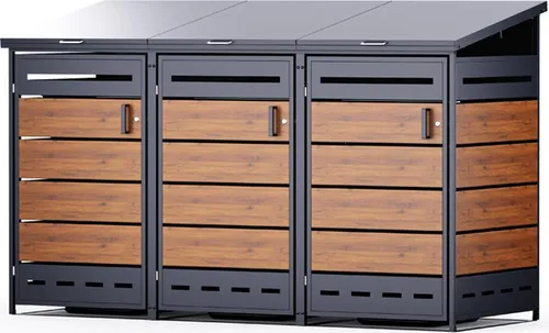 RS Trade Outdoor-Mülltonnenbox für 3 Tonnen, verzinkter Stahl, abschließbare Türen, Holzoptik - Praktische Mülltonnenbox aus robustem verzinktem Stahl für bis zu 240 L Tonnen. Mit abschließbaren Türen und durchdachtem Design für eine saubere und aufgeräumte Außenansicht.