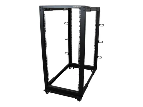 StarTech.com Open Frame Rack 25HE - Computer- & Server-Racks mit 4 Pfosten, 25U, tiefenverstellbar, ideal für flexible Serverlösungen und einfache Kabelverwaltung, ausgestattet mit Rollen und Nivellierfüßen.
