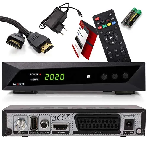 Opticum RED Sat Receiver HD für Satellitenschüssel, Satelliten Receiver Sat, 1080p, Full HD, AAC-LC Audio, HDMI, SCART, USB 2.0, Koaxial - Einkabel tauglich DOCS - AX SBOX Set + HDMI Kabel