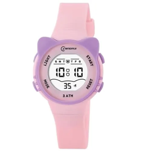 K&L Wall Art Kinder Armbanduhr für Jungen Mädchen Kinderuhr Digitale Armbanduhren mit Wecker (220 x 17mm Silikonarmband Rosa Katze)