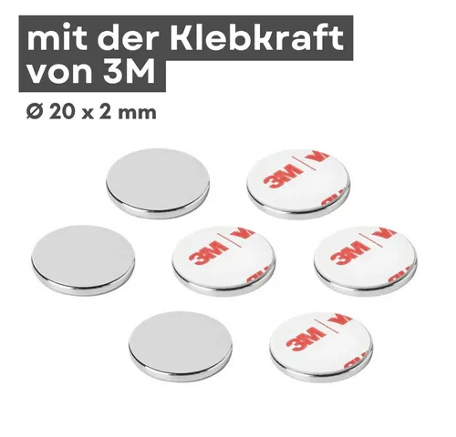 MaajeeKuto Magnet 3M Neodym Scheibenmagnet Ø20x2 mm selbstklebend N42 – 2,4 kg (10-St)