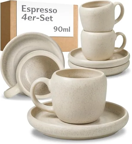 Cosumy 4er Espressotassen Set mit Untertassen – Stilvolle 90 ml Keramik Tassen - Set aus 4 eleganten Espresso-Tassen aus dickwandigem Steingut, ideal für den täglichen Genuss. Hält die Wärme länger und ist mikrowellen- sowie spülmaschinenfest – perfekt für Kaffeeliebhaber und stressfreie Nutzung.