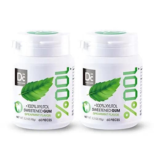 Produktbild DC24 DAILY CARE 100% Xylit Kaugummi Spearmint, zuckerfrei & vegan ohne Titandioxid ohne Aspartam, 2 x 60 Stk Dose, BigPack mit 120 Kaugummis