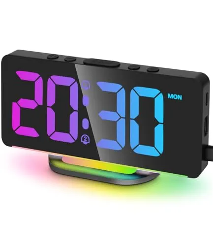 Goxiry Wecker Digital, 7-Zoll-LED-wecker, 10 Farben LED Digitalanzeige,Snooze, Helligkeit und Lautstärke Regelbar, Digital Uhr Netzbetrieben, 12/24HR