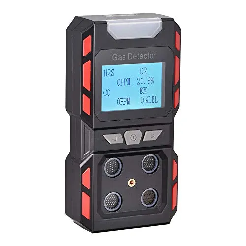 Scondaor Tragbarer 4-in-1-Gasmelder, tragbarer Gaslecksuchgerät mit digitaler LCD-Anzeige, 4-Gas Messgerät mit Ton-Licht-Vibrationsalarm mit Sprachansagen, wiederaufladbare Batterie (schwarz)