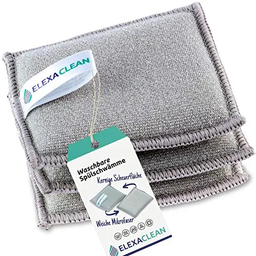 ELEXACLEAN Spülschwamm Topfreiniger Schwämme (3er Set, 10x8 cm, Grau) waschbar zum wiederverwenden, mit Mikrofaser