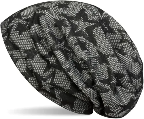 styleBREAKER Beanie Mütze mit All Over Sterne Print und Rauten Karo Wabenmuster, Fleece Innenfutter, Slouch Longbeanie, Unisex 04024106, Farbe:Schwarz