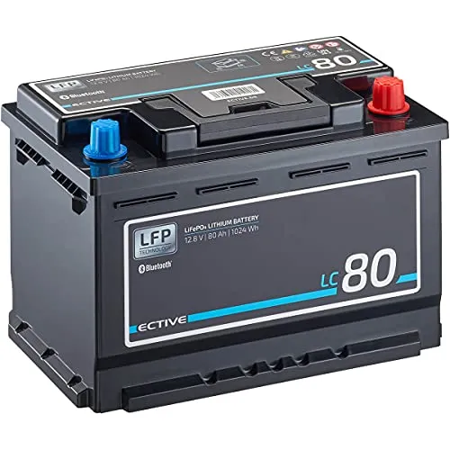 ECTIVE LC 80 BT 12V LiFePO4 Lithium Versorgungsbatterie 80 Ah - Autobatterie mit 80 Ah Kapazität, ideal für Wohnmobile und nachhaltige Energiequellen. Hohe Lebensdauer und integriertes Bluetooth-Modul für Echtzeitüberwachung.