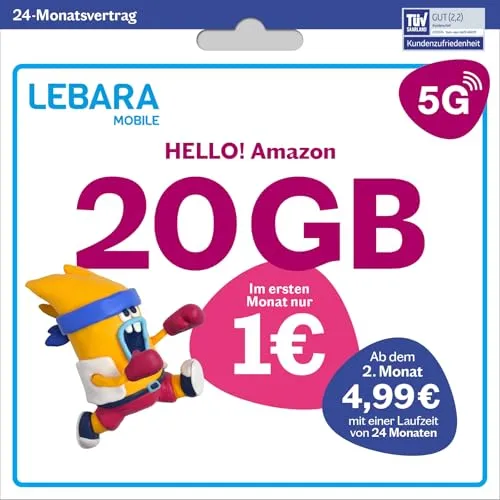 Produktbild LEBARA Handytarif Hello! 20 – 20 GB Datenvolumen für nur 4,99€/Monat
