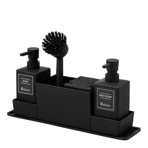 eluno Spülbecken Organizer mit Soft-Touch Oberfläche - Praktischer Spülutensilienhalter mit 2 Seifenspendern, Ablagefächern und Anti-Rutsch-Matte. Ideal für eine ordentliche und pflegeleichte Küche!