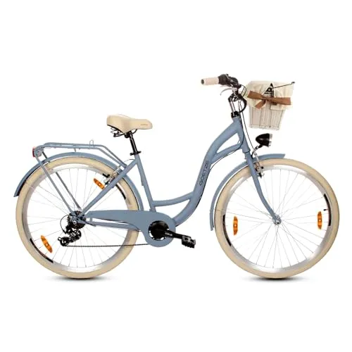 Goetze Mood 28 Zoll Damen Citybike, 18 Zoll Tiefeinsteiger Stahlrahmen, 7-Gang Kettenschaltung, doppelte V-Bremsen, LED-Beleuchtung, Rattankorb, Komfortsattel, mit Seitenständer & Klingel