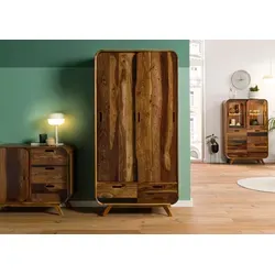 MASSIVMOEBEL24.DE Mailand Kleiderschrank aus Massivholz - Kleiderschrank aus hochwertigem Sheeshamholz, einzigartiges Design mit 7 Fächern & 2 Schubladen für viel Stauraum, ideal für stilvolle Schlafzimmer.