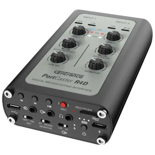 CEntrance PortCaster R4D mobiles Audio-Interface - Professionelles mobiles Audio-Interface für Broadcast, Podcasting und Vlogging. Mit 8 Stunden Akkulaufzeit und hochwertigen Jasmine Mic PreAmps für klaren Sound, ideal für kreative Aufnahmen unterwegs.