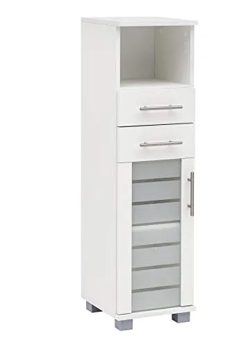 Schildmeyer Badschrank Niko 105650, weiß, stehend - Bad-Kommode mit 2 Fächern, 2 Schubladen und einem offenen Regalfach. Bietet viel Stauraum für Handtücher und Kosmetik. Aus feuchtigkeitsbeständigem MDF, Made in Germany.