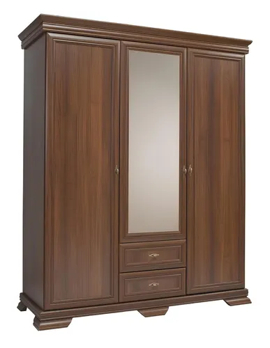 Kleiderschrank Garderobenschrank mit Schubladen und Kleiderstange - Moderner Garderobenschrank in Braun, bietet viel Stauraum mit 3 Türen, mehr als 8 Regalfächern und 2 Schubladen. Ideal für das Schlafzimmer, Pflegeleicht und mit goldfarbenen Griffen.