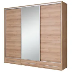 Möblo Schiebetürenschrank - Moderner Kleiderschrank in Braun - Kleiderschrank aus Holzwerkstoff mit eleganten Schwebetüren, ideal für Schlafzimmer. Mit großzügigen Maßen von 255x236x66 cm bietet er viel Stauraum und passt perfekt in moderne Wohnräume.