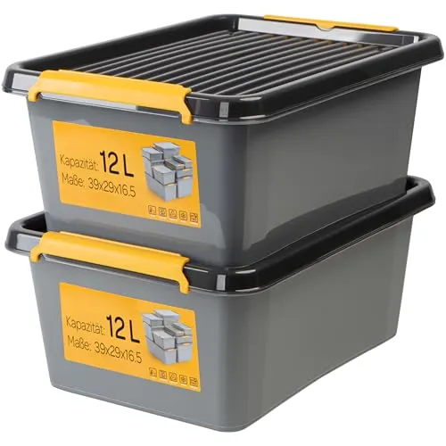 KONZEPT 2 Stück Aufbewahrungsbox mit Deckel 12 L – inkl. beschriftbaren Etiketten, aus hochwertigem Kunststoff, stapelbar und stabilen Verschlussclips, ideal für Keller, Werkstatt, Garage