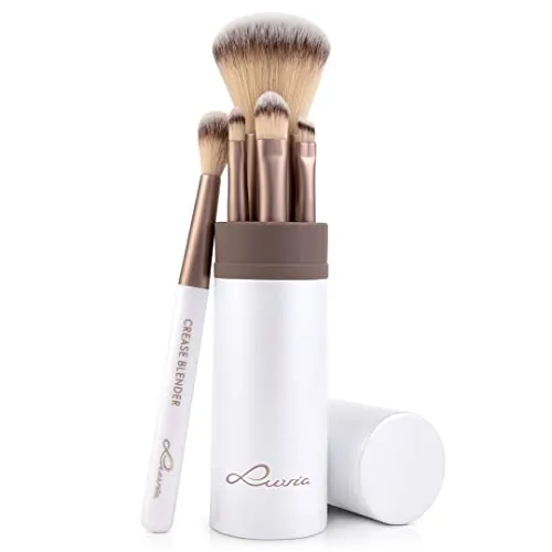 Produktbild Make-up Pinselset 6-teilig | 5 vegane Schminkpinsel mit Aluminium-Köcher & Smart-Halter | Für Foundation, Puder & Augen-Make-up | Kompaktes Reise-Set in Perlmutt/Coffee | LUVIA