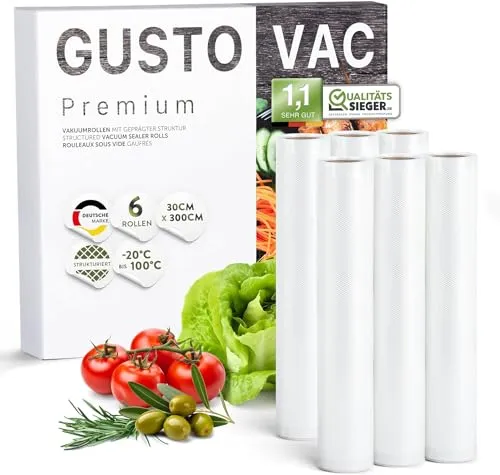 GustoVac Premium Vakuumrollen, 6 Rollen 30x300cm, Vakuumierfolie, Profi- Vakuumierbeutel für Vakuumierer, Kochfest & Sous Vide Gefrierbeutel, Lebensmittel Vakuumiergerät beutel, BPA-frei
