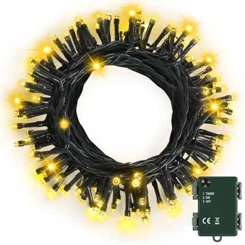 Bowfar Lichterkette Außen Batterie, 10M 100LED Warmweiß Weihnachtsbeleuchtung mit Timer, IP65 Wasserdicht Lichterkette Weihnachtsbaum für Innen Garten Hochzeit Party Weihnachten (Grünes Kabel)