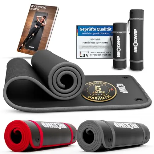 NEOLYMP Extra Dicke Fitnessmatte – Rutschfest mit Aufhänge-Ösen und Tragegurt - Die NEOLYMP Fitnessmatte bietet 8 mm Dämpfung für Komfort und Sicherheit beim Training. Ideal für Yoga, Pilates und Gymnastik – perfekt für Zuhause und unterwegs. Mit Aufhänge-Ösen und Tragegurt für einfachen Transport.