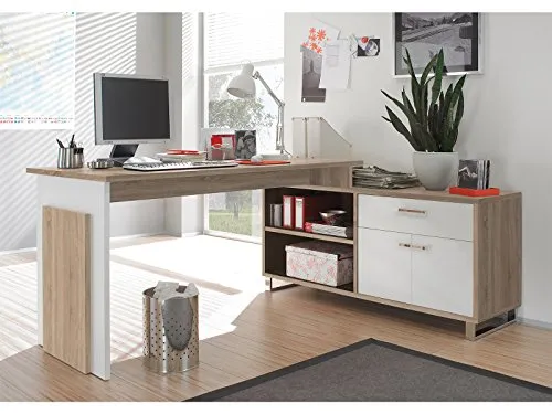 möbelando Winkelschreibtisch Margate I Sonoma-Eiche/Weiß - Eckschreibtisch mit großzügiger Arbeitsfläche und praktischem Stauraum in modernen Farben, ideal für ein aufgeräumtes Home Office.