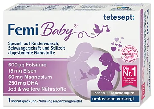 tetesept Femi Baby - Nährstoffe für Kinderwunsch, Schwangerschaft & Stillzeit - 16 Vitamine & Nährstoffe wie Folsäure, Eisen, Magnesium, DHA, Jod - 1 x Monatspackung à 30 Tabletten + 30 Kapseln