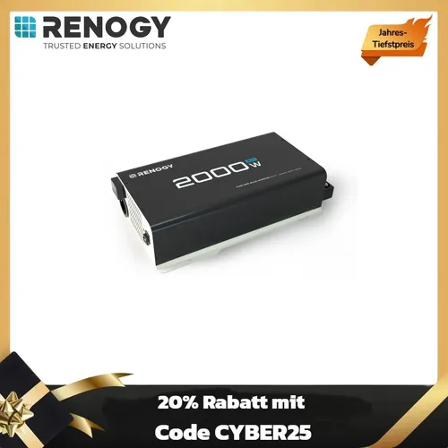 Renogy 2000W 24V Reine Sinuswelle Wechselrichter - Wechselrichter & Inverter mit 2000W kontinuierlicher Leistung und 4000W Spitzenleistung, ideal für Camping und Heimnutzung. Hohe Effizienz von 93% und reine Sinuswelle für empfindliche Geräte.