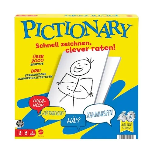 Pictionary Familienbrettspiel - Gesellschaftsspiel für Kinder und Erwachsene mit abwischbaren Maltafeln, ideal für lustige Spieleabende und verschiedene Schwierigkeitsstufen.