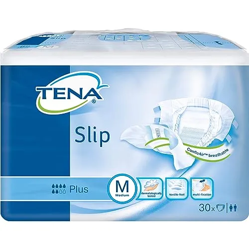 Tena Slip Plus Medium 30 ST - Inkontinenzeinlagen mit atmungsaktiver ConfioAir-Technologie für gesunde Haut und hohen Schutz. Der Nässeindikator zeigt an, wann ein Wechsel notwendig ist, für mehr Komfort und Sicherheit.