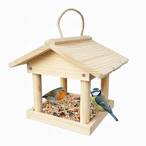 Relaxdays Vogelfutterhaus, Holz, Vogelhaus zum Aufhängen, HxBxT: 22 x 26 x 22 cm, Garten & Balkon, Futterhaus, Natur