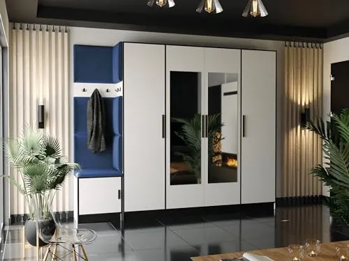 KIER FURNITURE Kleiderschrank Mit Gepolstertem Sitz Und Paneelen – Gardarobenstaender – Sitzbank Garderobe – Flurgarderobe Schmal – Farbe Weiß + Stoff Blau – 259,6x205x39 cm