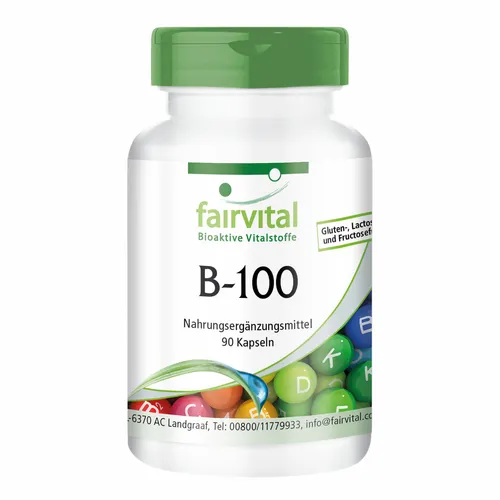 Vitamin B-Komplex B-100 hochdosiert, 90 Kapseln | fairvital - Nahrungsergänzungsmittel für Erwachsene, hochdosierte B-Vitamine zur Unterstützung von Psyche und geistiger Leistung, vegan und frei von Allergenen.