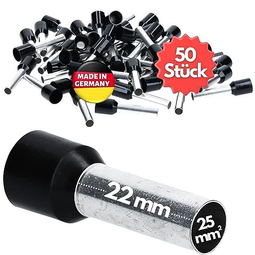 Stück Kalitec AE2522SW Aderendhülsen isoliert 25mm² 22mm lang schwarz I Made in Germany I Industriequalität 50