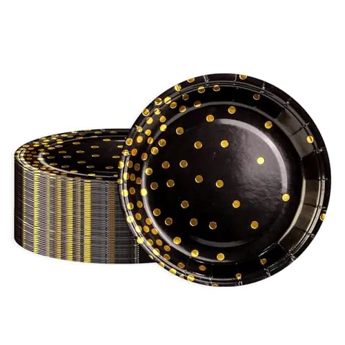 BOKFJBP 50 Stück Pappteller Schwarz Gold,18cm Goldfolie Polka Dot Teller Partygeschirr Set Einweg Kindergeburtstagsgeschirr für Geburtstag Hochzeit Abschlussfeier Party Urlaub Alle Anlässe