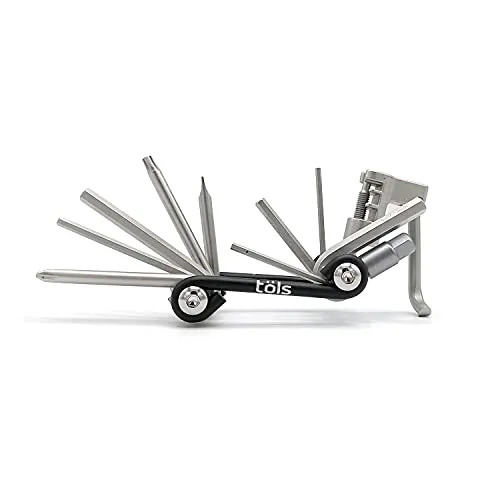 TÖLS BIKE COMPONENTS Fahrradwerkzeug Multitool 13: Aluminium und Stahl mit Chrom-Vanadium, Schwarz und Silber, 12 Werkzeuge, Kette, Stern