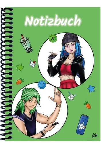 A 4 Notizbuch Manga Quinn und Enora, grün, blanko Spiralbindung, Notizbuch, T...