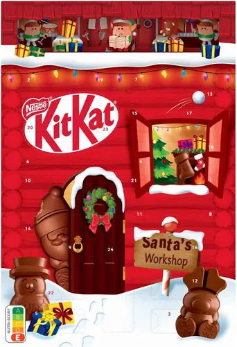 KitKat Adventskalender 208g – 24 Schokoladenfiguren - Sonstige Süßigkeiten – Mit 9 verschiedenen Weihnachtsfiguren aus leckerer Milchschokolade und Knusperwaffel sorgt dieser Kalender für tägliche Freude im Dezember!