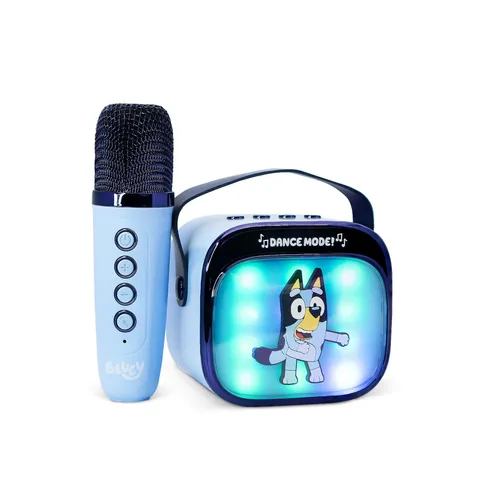 Bluey Popsing LED Karaoke Lautsprecher mit Mikrofon - Offizieller Bluey Karaoke-Lautsprecher mit RGB-LED-Effekten für magische Unterhaltung. Kabellose Bluetooth-Verbindung und tragbares Design sorgen für unvergessliche Partys und Spielzeiten.