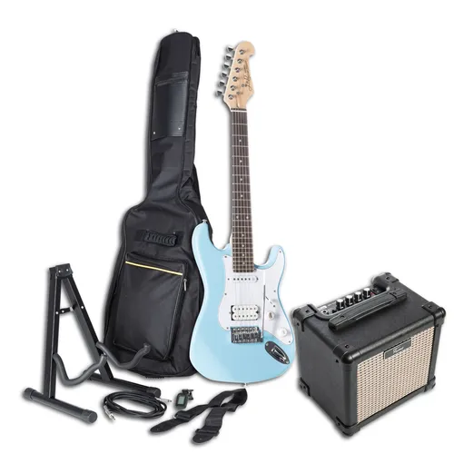 E-Gitarren Set für Anfänger J & D ST-MINI Sky Blue + EG-10AM - Komplettes E-Gitarren Set für Einsteiger: J & D ST-MINI in Sky Blue mit geschraubtem Ahorn-Hals und robustem Verstärker. Ideal für den Einstieg in die Welt der E-Gitarre!