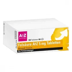 Folsäure AbZ 5 mg Tabletten - Arzneimittel zur Unterstützung bei Folsäure-Mangel, besonders wichtig in der Schwangerschaft für die gesunde Entwicklung des Kindes. Ideal für pflanzlich Ernährte mit erhöhtem Risiko einer Unterversorgung.