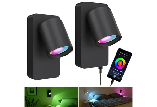 SSC-LUXon LED Wandleuchte NERU schwarz mit USB Schalter - Moderne Wandleuchte mit USB-Anschluss und smartem GU10 LED 5W, ideal für Schlafzimmer. Flexibel einstellbare Lichtfarbe und drehbarer Kopf für optimale Lesebeleuchtung.