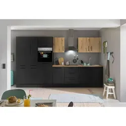 Küchenblock mit E-Geräten CORNWALL VII - braun - Küchenzeilen mit integriertem Backofen, Kühlschrank und Apothekerschrank, ideal für moderne Küchen und platzsparendes Design.