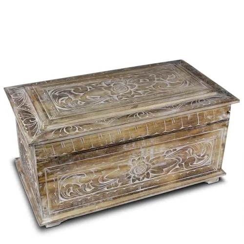 Oriental Galerie Truhe Holztruhe mit Schnitzereien Schmuckkiste Schatztruhe Schatzkiste Holz Kiste Box Dose Aufbewahrung Blumen Natur WW 50 cm Mittel