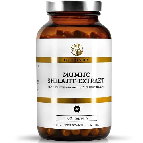 QIDOSHA® Mumijo Shilajit Extrakt - 180 Kapseln - Shilajit Kapseln mit 650 mg Fulvinsäure pro Portion, vegan und laborgeprüft, in lichtgeschütztem Apothekerglas für maximale Reinheit und Qualität.