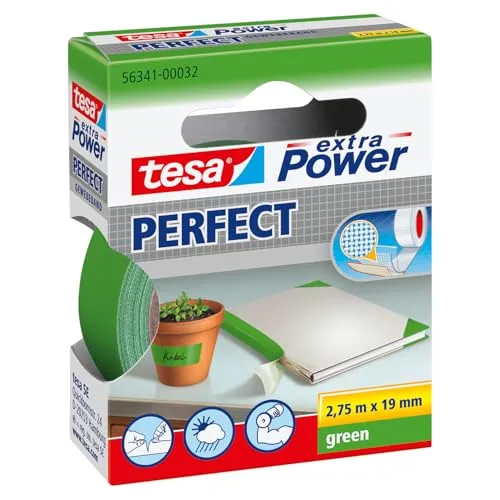 tesa extra Power Perfect Gewebeband - Gewebeverstärktes Ductape zum Basteln, Reparieren, Befestigen, Verstärken und Beschriften - Grün - 2,75 m x 19 mm
