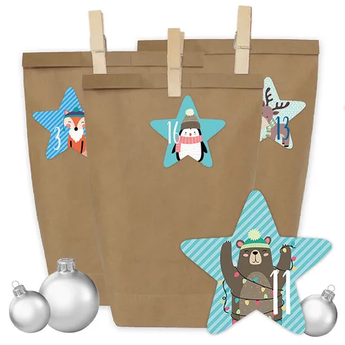 Adventskalender Tüten mit 24 Zahlenaufklebern und Klammern - zum selber Basteln - DIY Set Adventskalender zum Befüllen  - Design Nr 39 24
