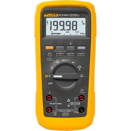 Fluke 87V Max Multimeter - Robustes True RMS Digitalgerät - Spannungsprüfer mit IP67 Schutz, übersteht Stürze aus 4 m Höhe und bietet doppelt so hohe Batterielebensdauer. Ideal für Profis, die Präzision und Haltbarkeit benötigen.
