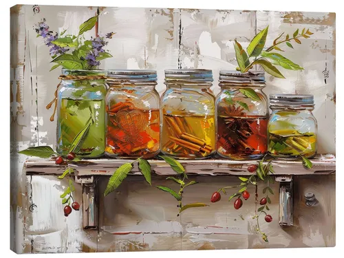 Posterlounge Leinwandbild DejaReve, Sommer auf dem Küchenregal - Digitale Kunst für die Küche, auf hochwertiger Leinwand mit brillanten Farben und umweltfreundlicher Tinte – ideal für mediterranen Flair in Ihrem Zuhause.