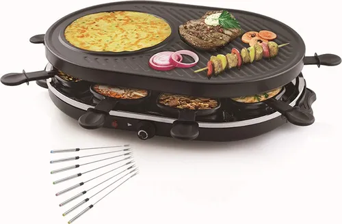 RACLETTE 8 Personen Tischgrill mit Gabeln, Grillplatte oval Crêpefläche 1200W